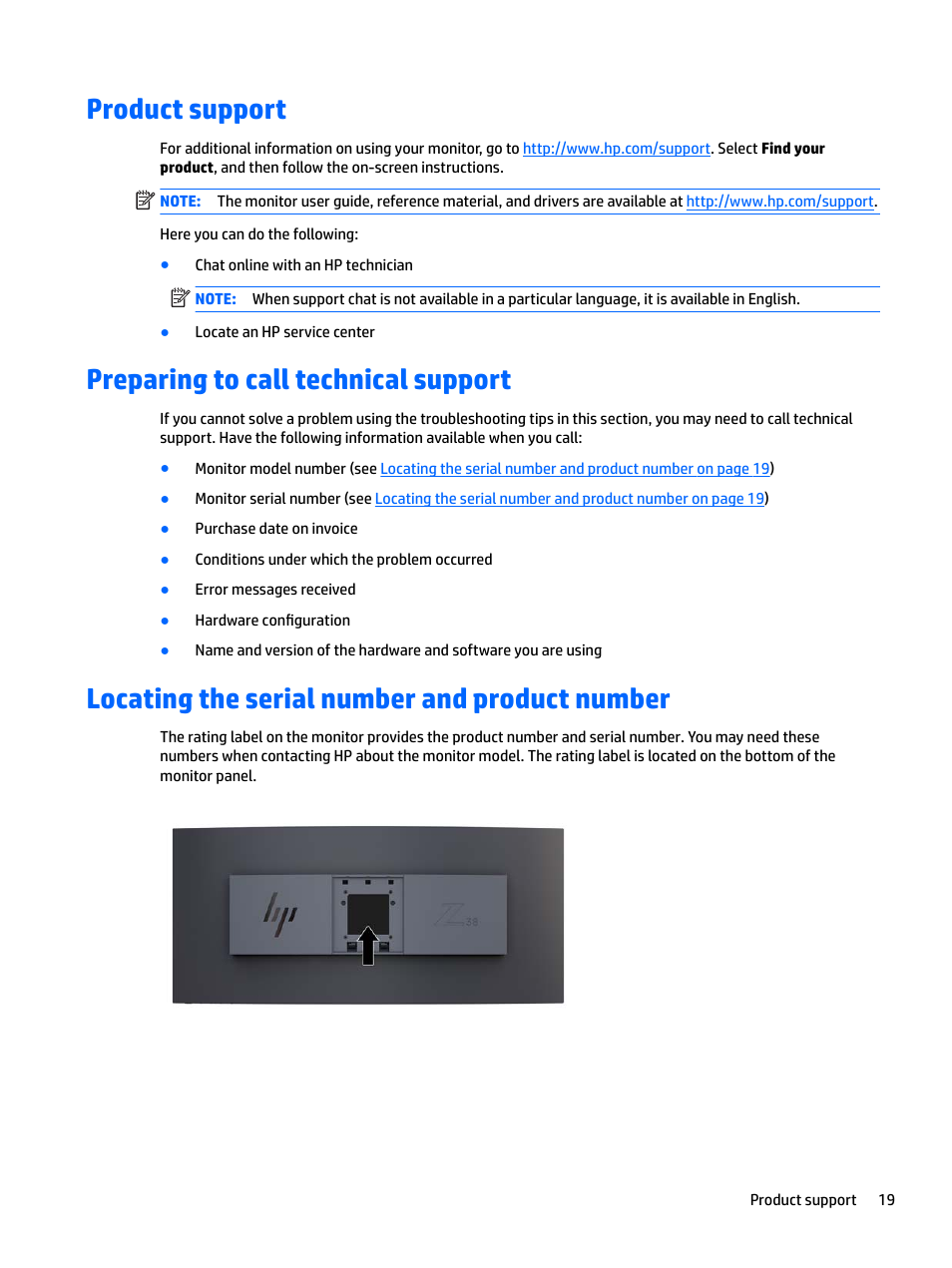 Product support, Preparing to call technical support, Locating the serial number and product number | HP Z38c 37.5" 21:9 Curved IPS Monitor (Smart Buy) User Manual | Page 25 / 30