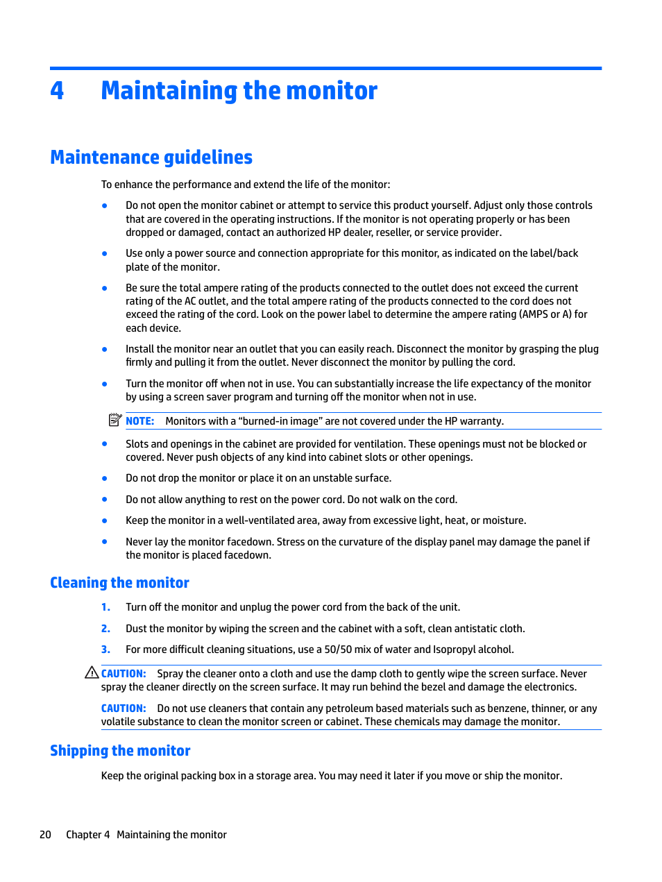 Maintaining the monitor, Maintenance guidelines, Cleaning the monitor | Shipping the monitor, 4 maintaining the monitor, Cleaning the monitor shipping the monitor, 4maintaining the monitor | HP Z38c 37.5" 21:9 Curved IPS Monitor (Smart Buy) User Manual | Page 26 / 30