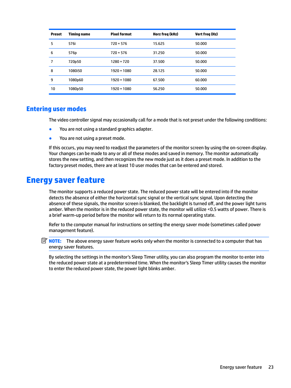 Entering user modes, Energy saver feature | HP Z38c 37.5" 21:9 Curved IPS Monitor (Smart Buy) User Manual | Page 29 / 30