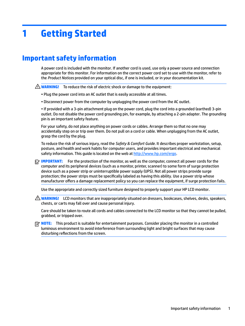 Getting started, Important safety information, 1 getting started | 1getting started | HP Z38c 37.5" 21:9 Curved IPS Monitor (Smart Buy) User Manual | Page 7 / 30