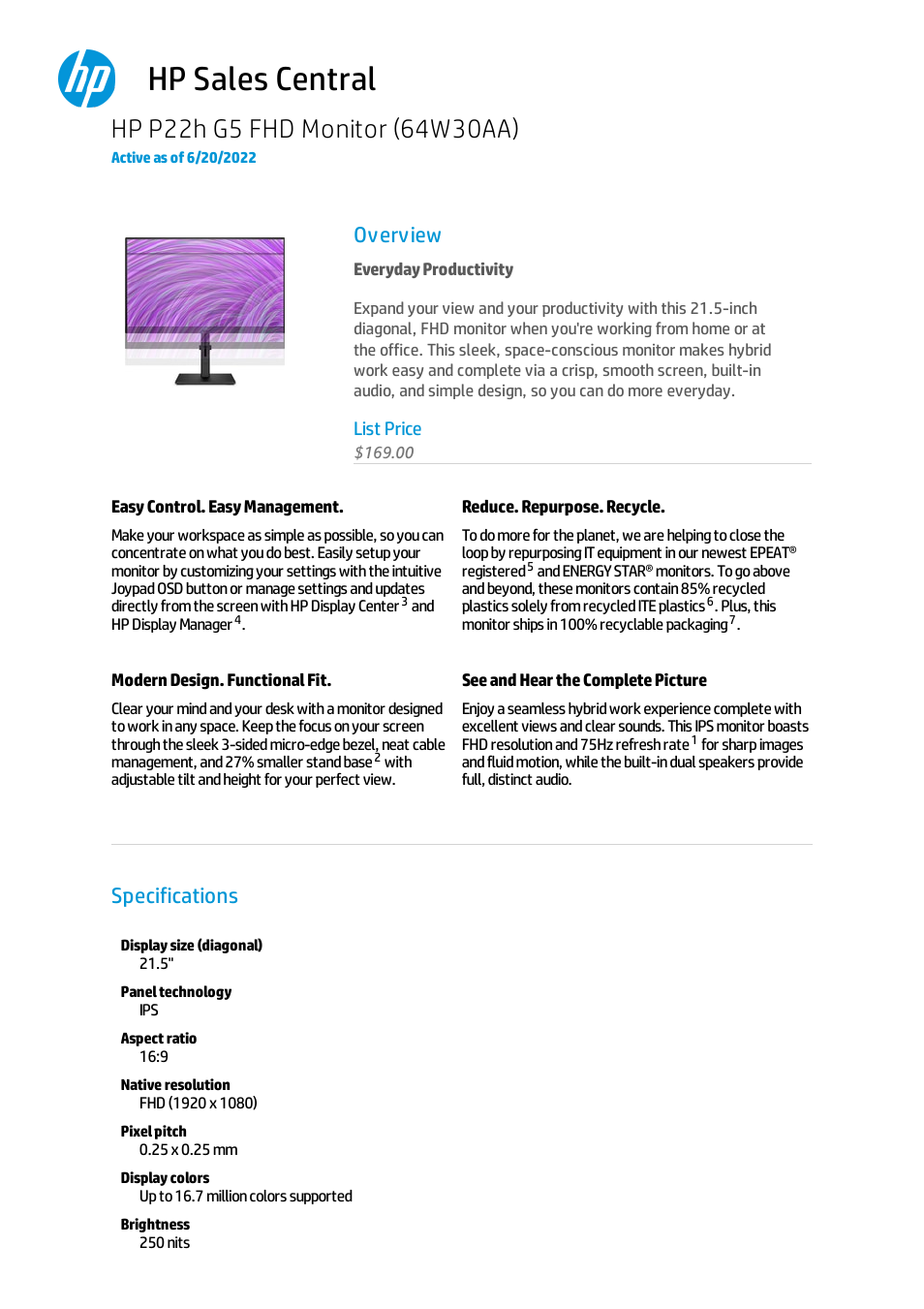 HP P22h G5 21.5" Monitor User Manual | 8 pages