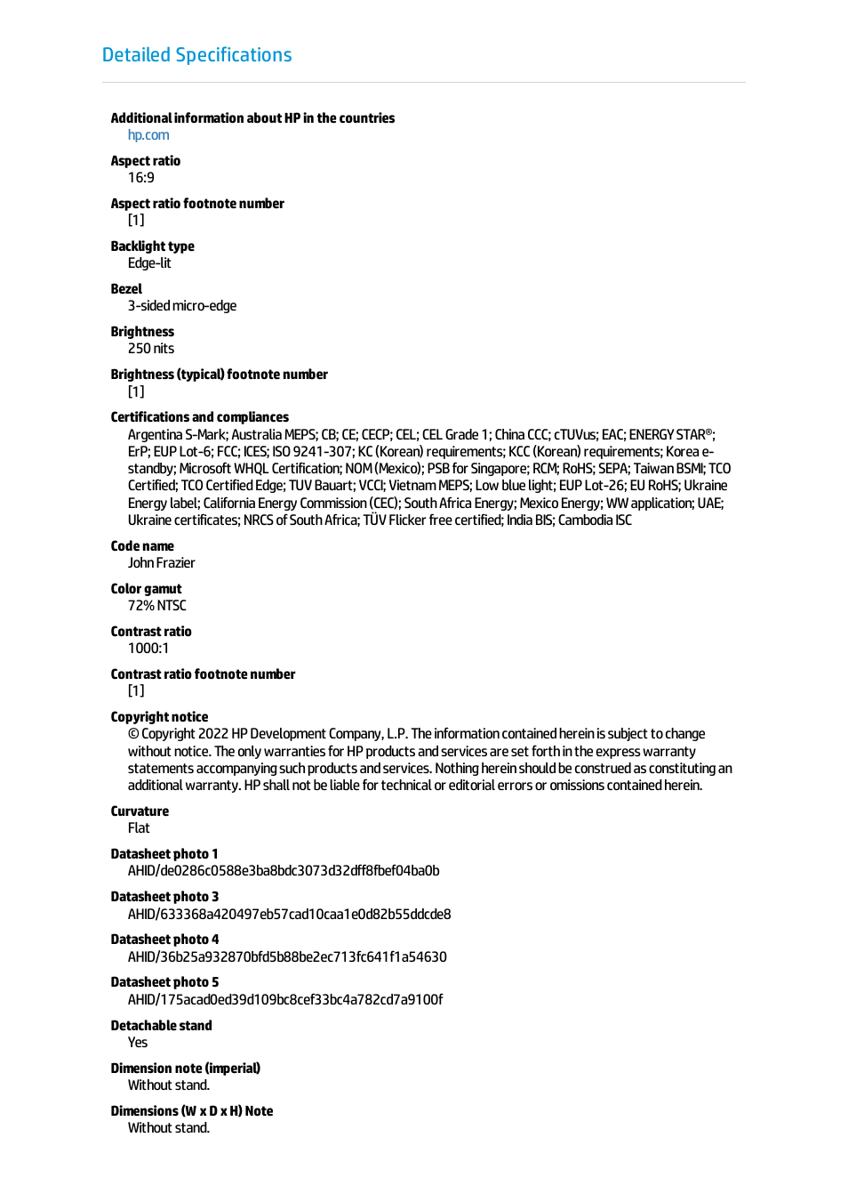 Detailed specifications | HP P22h G5 21.5" Monitor User Manual | Page 4 / 8