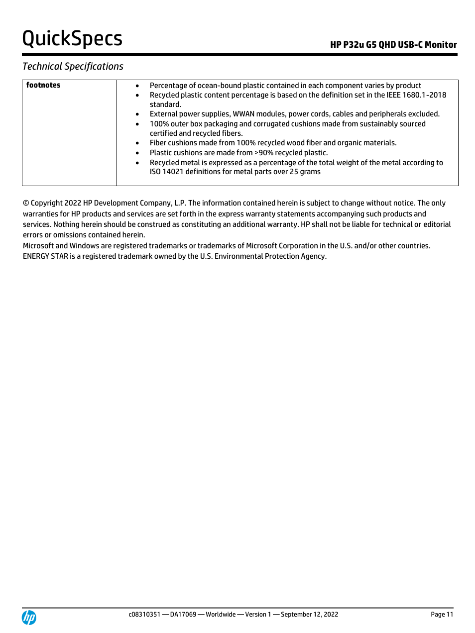 Quickspecs, Technical specifications, Hp p32u g5 qhd usb-c monitor | HP P32u G5 31.5" 1440p Monitor User Manual | Page 11 / 12