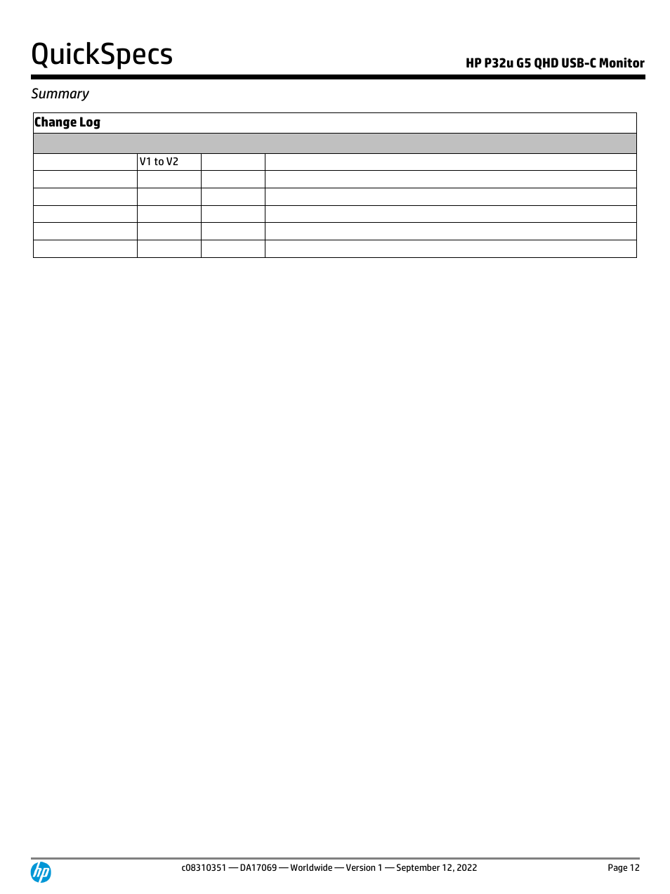 Quickspecs, Summary, Hp p32u g5 qhd usb-c monitor | Change log | HP P32u G5 31.5" 1440p Monitor User Manual | Page 12 / 12