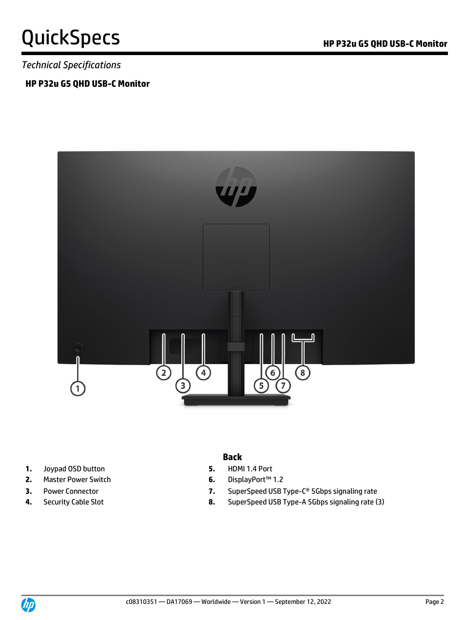 Quickspecs, Technical specifications, Hp p32u g5 qhd usb-c monitor | Hp p32u g5 qhd usb-c monitor back | HP P32u G5 31.5" 1440p Monitor User Manual | Page 2 / 12