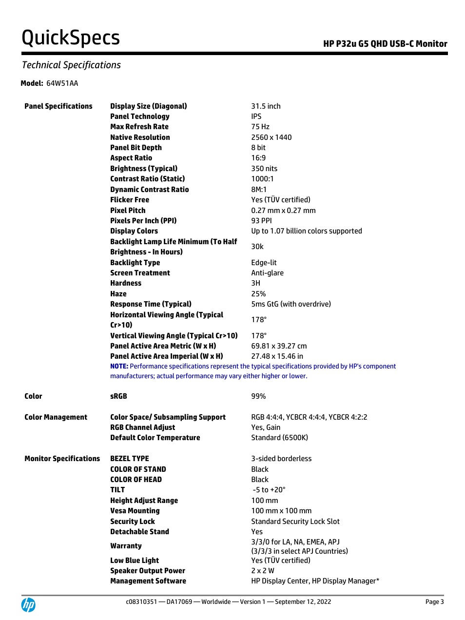 Quickspecs, Technical specifications, Hp p32u g5 qhd usb-c monitor | HP P32u G5 31.5" 1440p Monitor User Manual | Page 3 / 12
