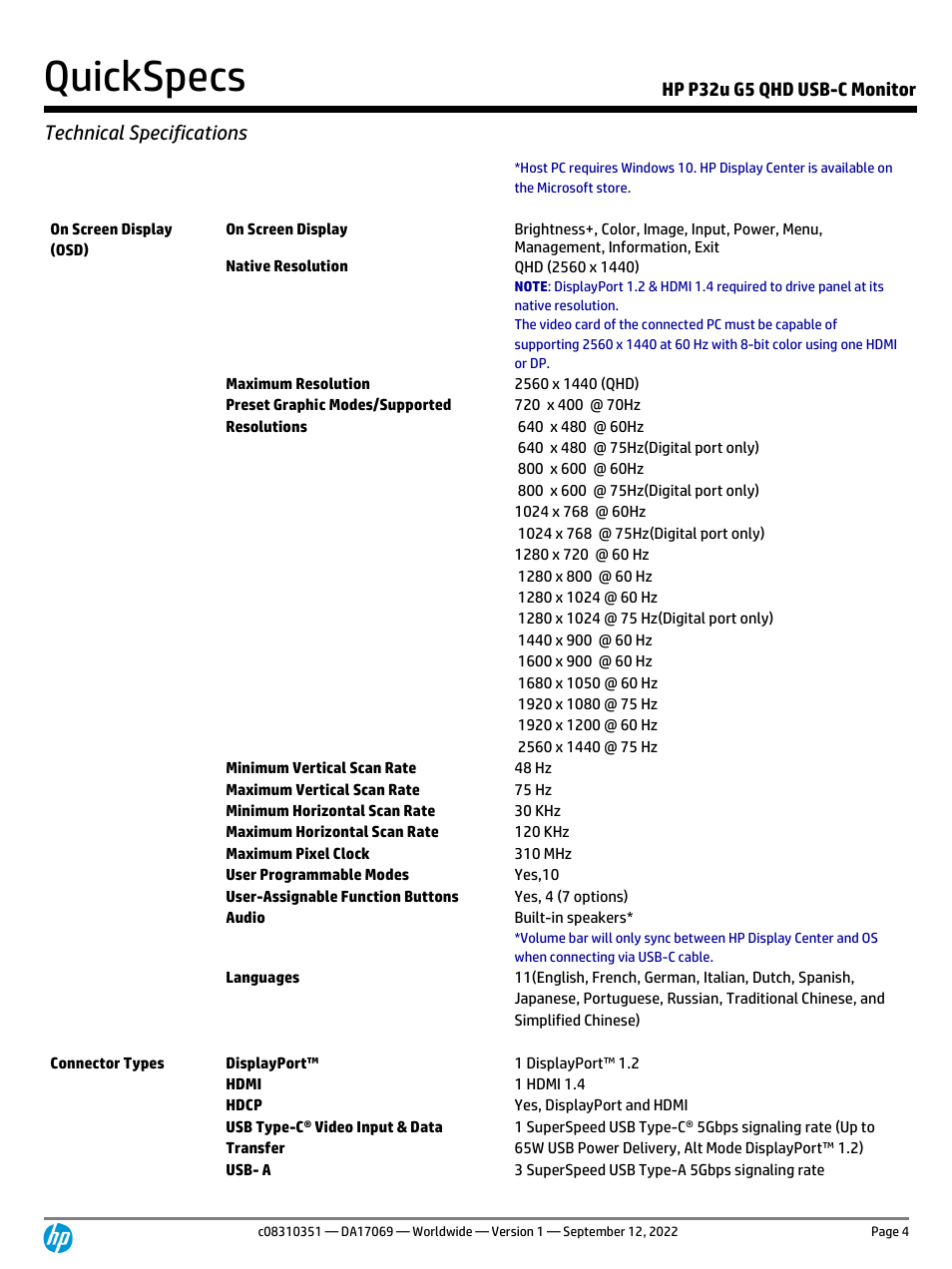 Quickspecs, Technical specifications, Hp p32u g5 qhd usb-c monitor | HP P32u G5 31.5" 1440p Monitor User Manual | Page 4 / 12