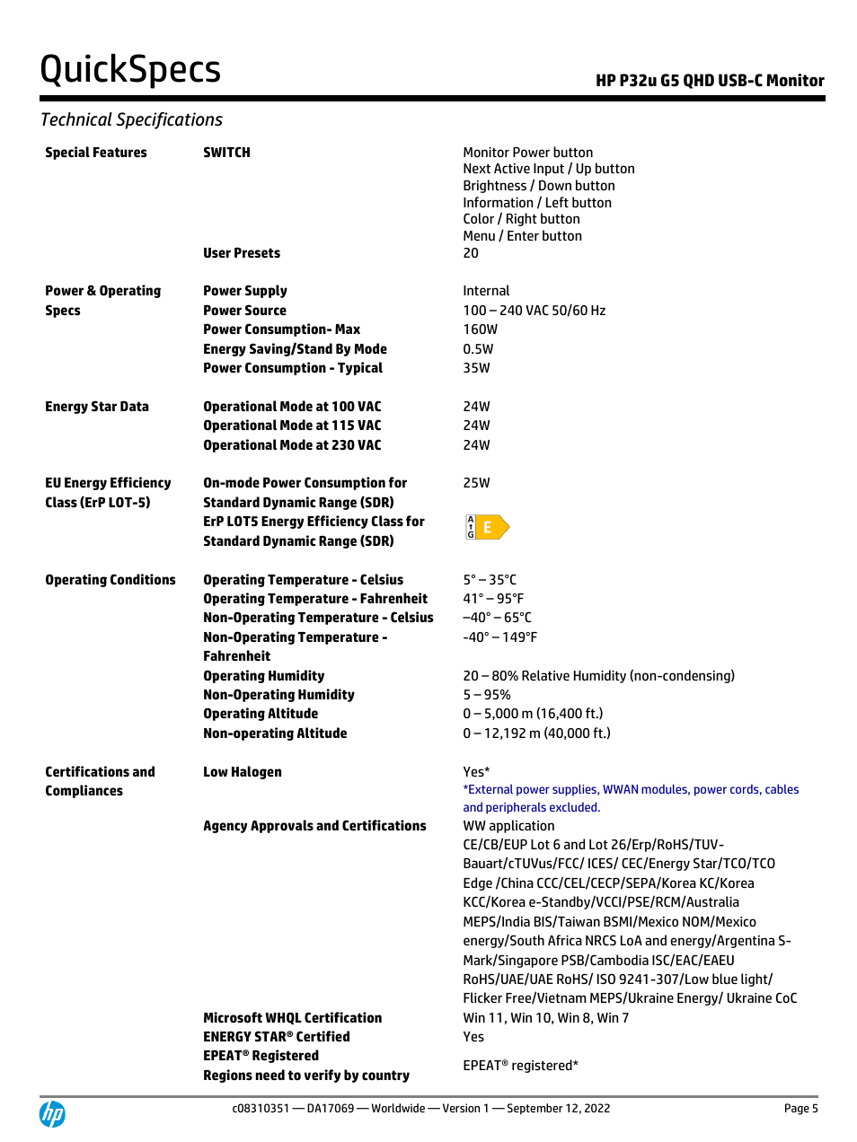 Quickspecs, Technical specifications, Hp p32u g5 qhd usb-c monitor | HP P32u G5 31.5" 1440p Monitor User Manual | Page 5 / 12