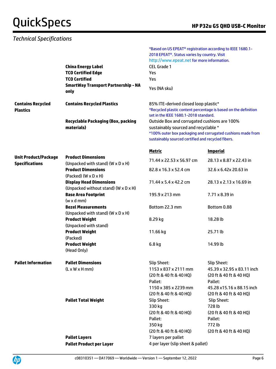 Quickspecs, Technical specifications, Hp p32u g5 qhd usb-c monitor | HP P32u G5 31.5" 1440p Monitor User Manual | Page 6 / 12