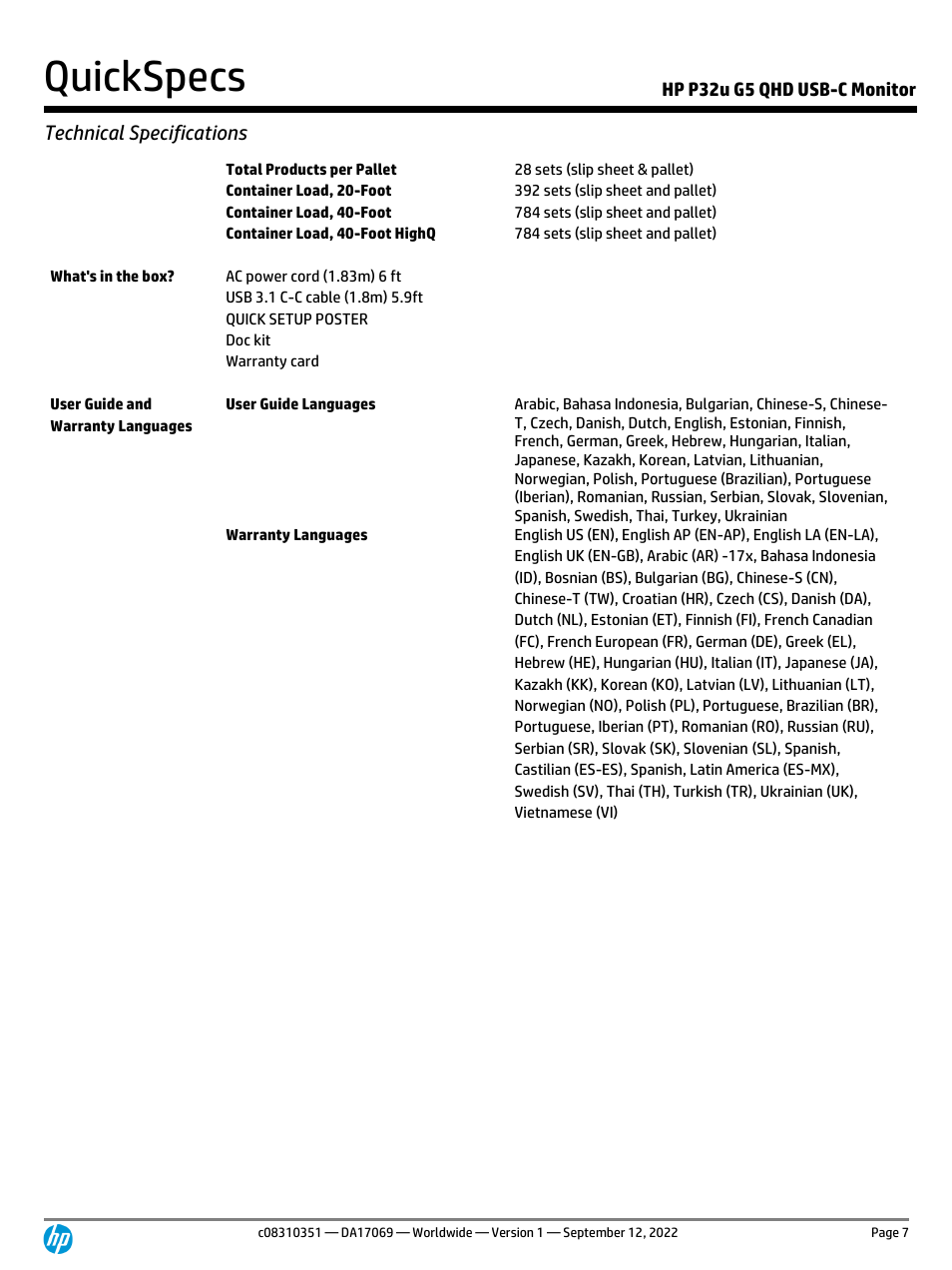 Quickspecs, Technical specifications, Hp p32u g5 qhd usb-c monitor | HP P32u G5 31.5" 1440p Monitor User Manual | Page 7 / 12