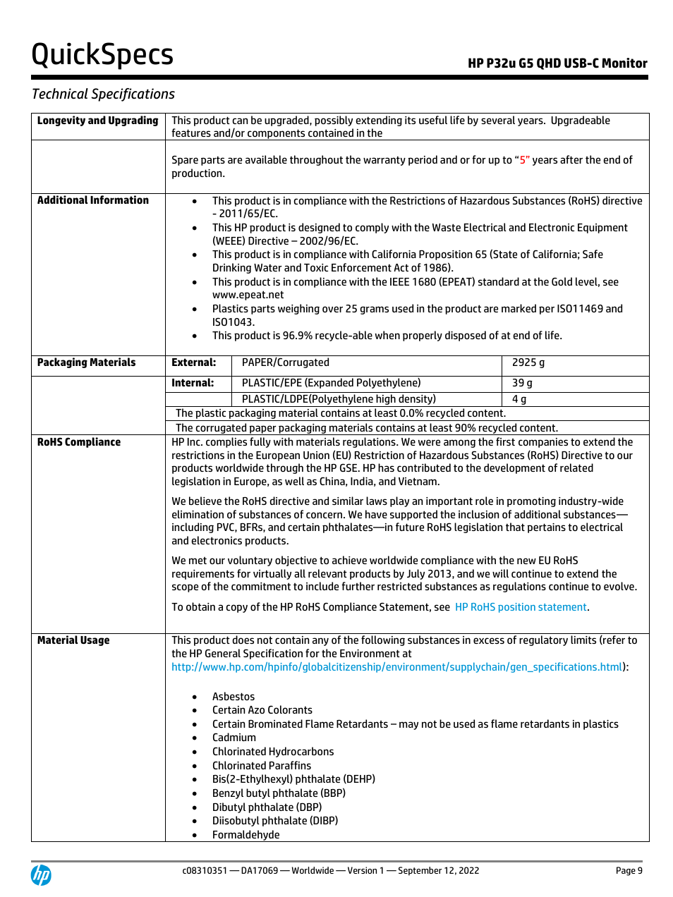 Quickspecs, Technical specifications, Hp p32u g5 qhd usb-c monitor | HP P32u G5 31.5" 1440p Monitor User Manual | Page 9 / 12