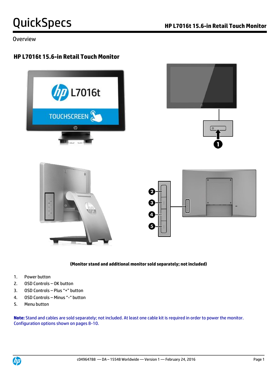 HP L7016t 15.6" Retail Multi-Touch TN Monitor User Manual | 12 pages