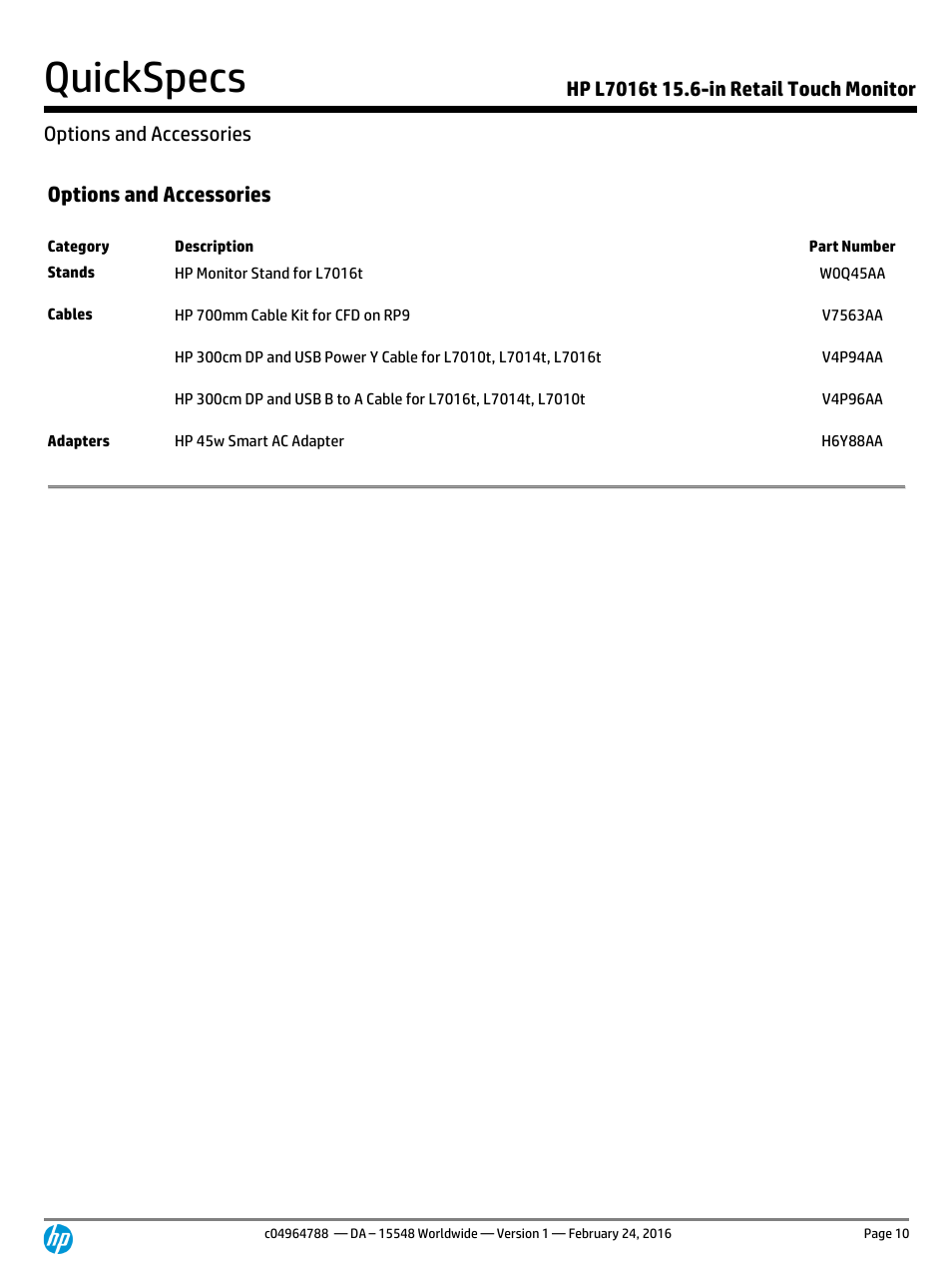 Options and accessories, Quickspecs | HP L7016t 15.6" Retail Multi-Touch TN Monitor User Manual | Page 10 / 12