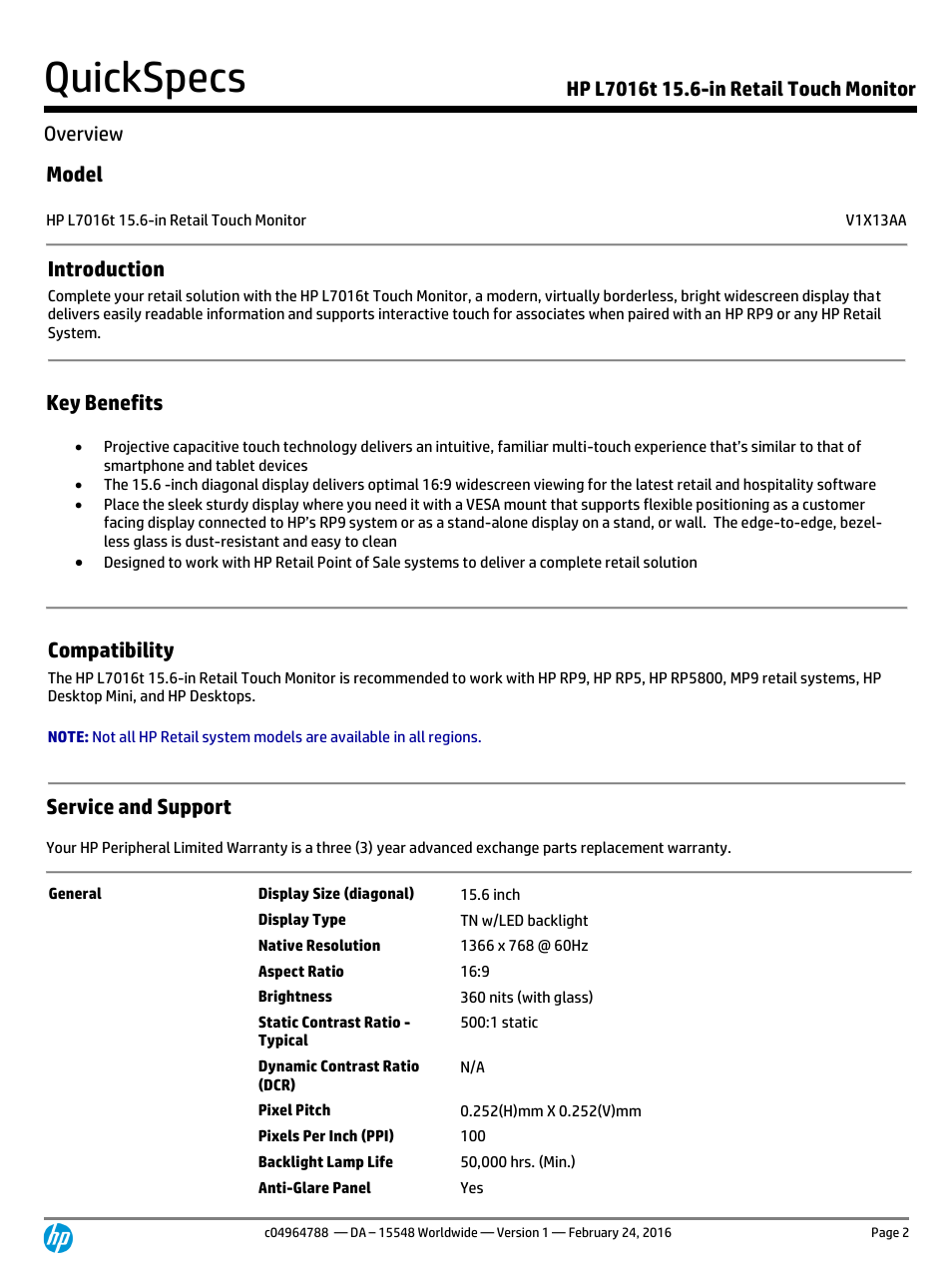 Quickspecs, Model, Introduction | Key benefits, Compatibility, Service and support | HP L7016t 15.6" Retail Multi-Touch TN Monitor User Manual | Page 2 / 12