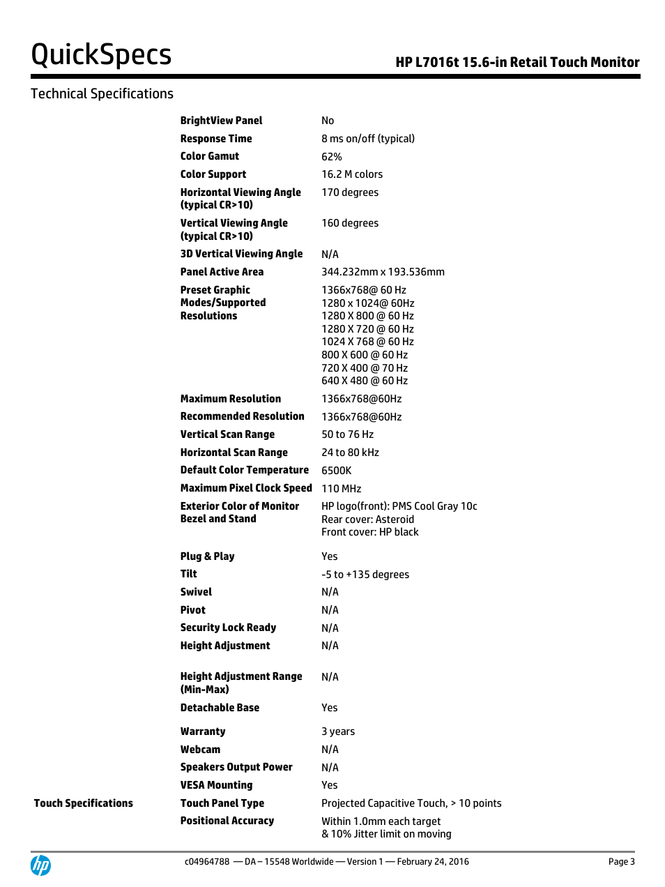 Technical specifications, Quickspecs | HP L7016t 15.6" Retail Multi-Touch TN Monitor User Manual | Page 3 / 12