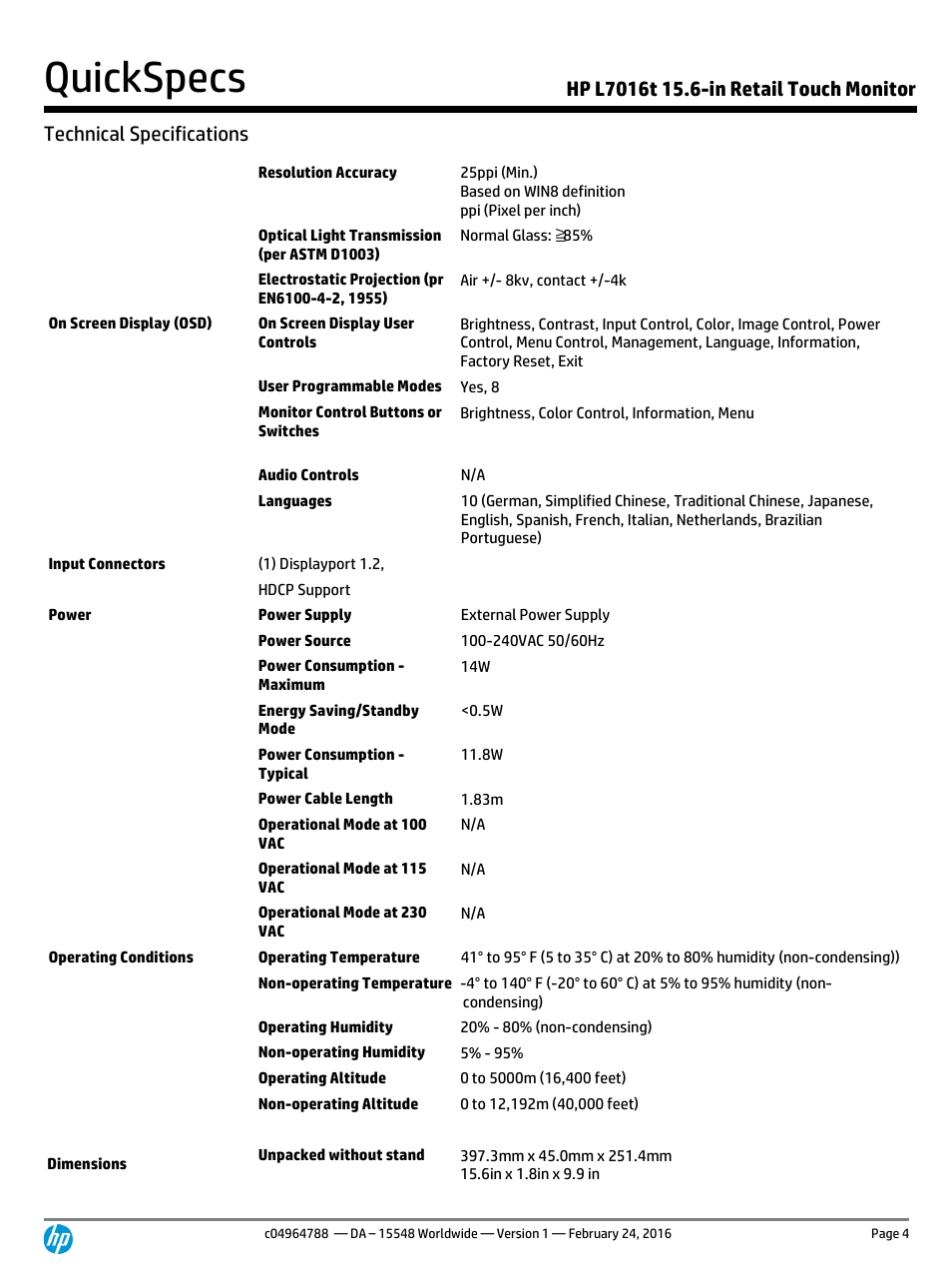 Quickspecs | HP L7016t 15.6" Retail Multi-Touch TN Monitor User Manual | Page 4 / 12
