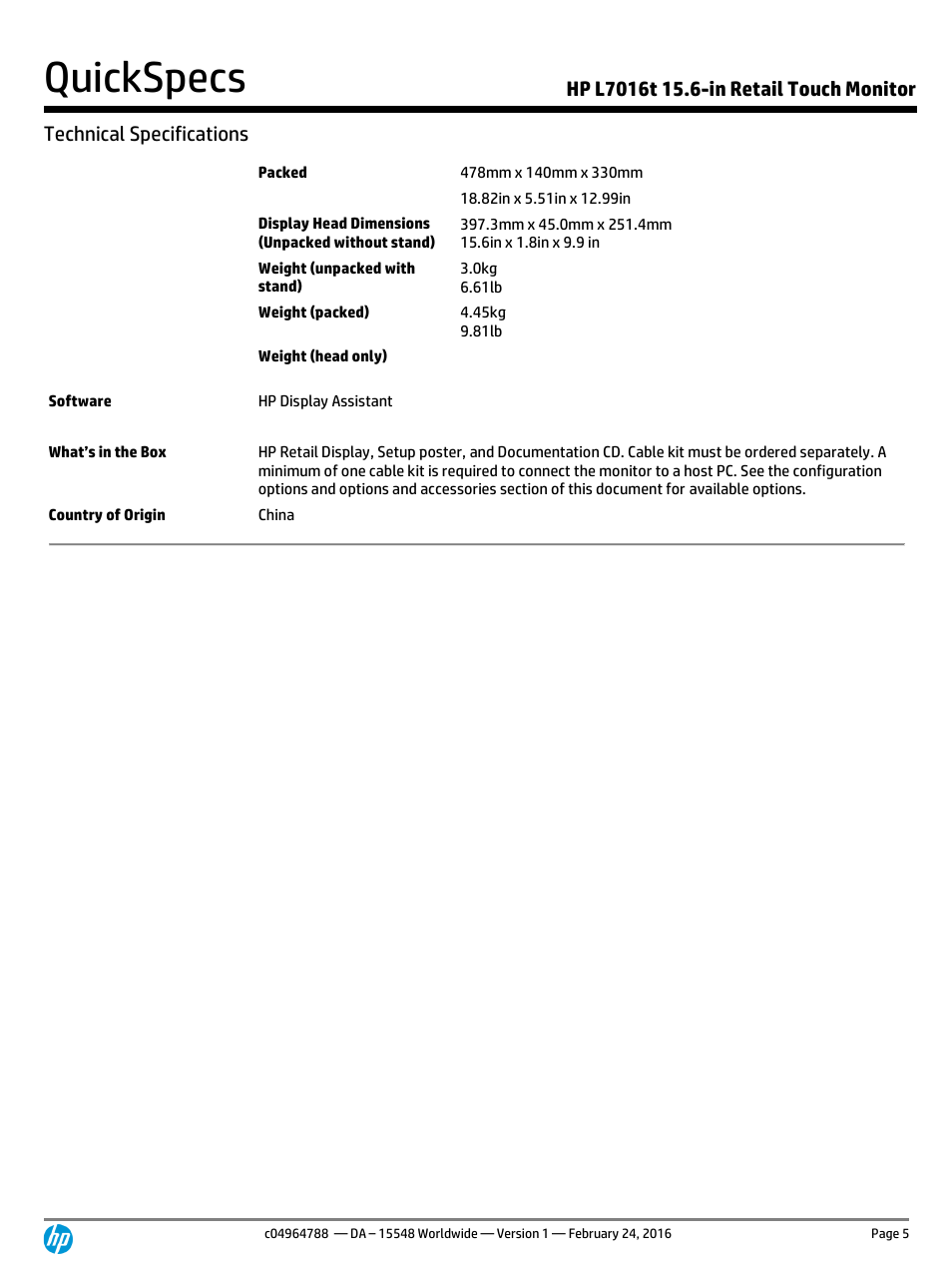 Quickspecs | HP L7016t 15.6" Retail Multi-Touch TN Monitor User Manual | Page 5 / 12