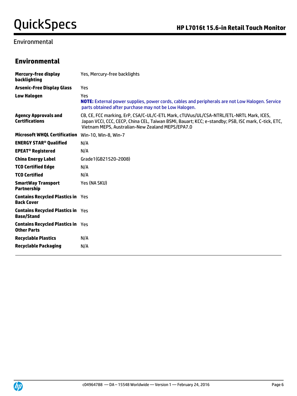 Environmental, Quickspecs | HP L7016t 15.6" Retail Multi-Touch TN Monitor User Manual | Page 6 / 12