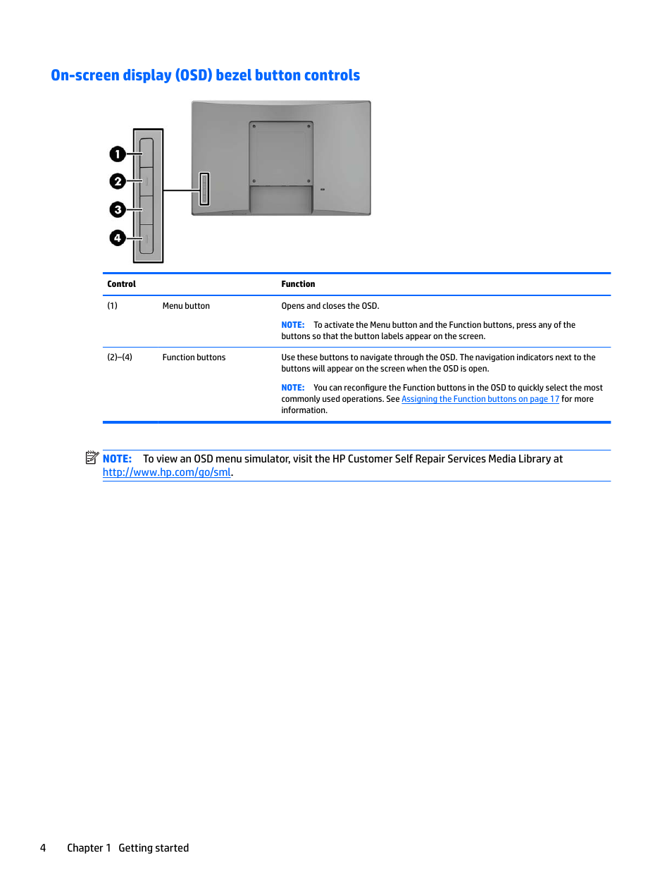 On-screen display (osd) bezel button controls | HP L7016t 15.6" Retail Multi-Touch TN Monitor User Manual | Page 10 / 34