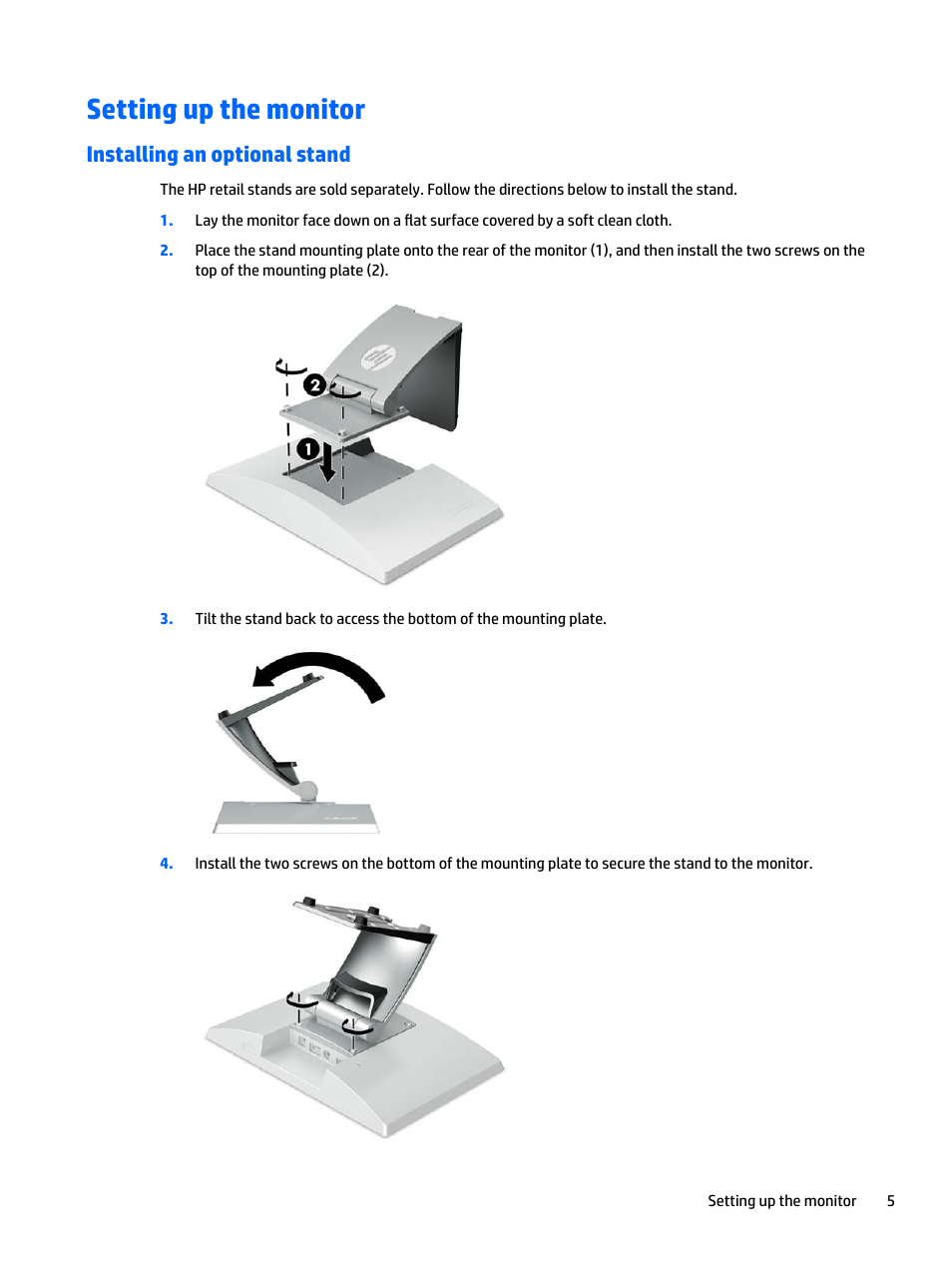 Setting up the monitor, Installing an optional stand | HP L7016t 15.6" Retail Multi-Touch TN Monitor User Manual | Page 11 / 34