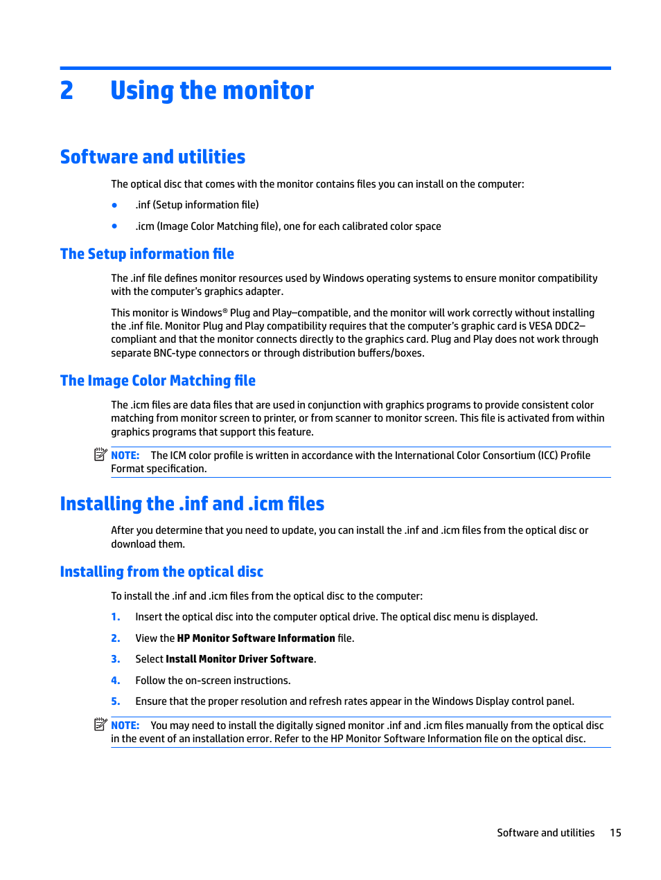 Using the monitor, Software and utilities, The setup information file | The image color matching file, Installing the .inf and .icm files, Installing from the optical disc, 2 using the monitor, 2using the monitor | HP L7016t 15.6" Retail Multi-Touch TN Monitor User Manual | Page 21 / 34