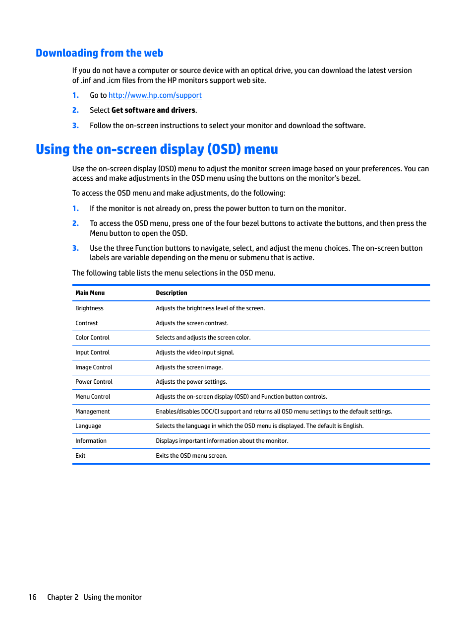 Downloading from the web, Using the on-screen display (osd) menu | HP L7016t 15.6" Retail Multi-Touch TN Monitor User Manual | Page 22 / 34