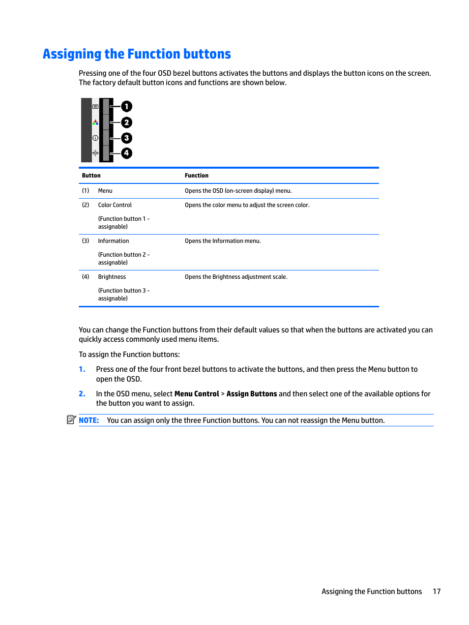 Assigning the function buttons | HP L7016t 15.6" Retail Multi-Touch TN Monitor User Manual | Page 23 / 34