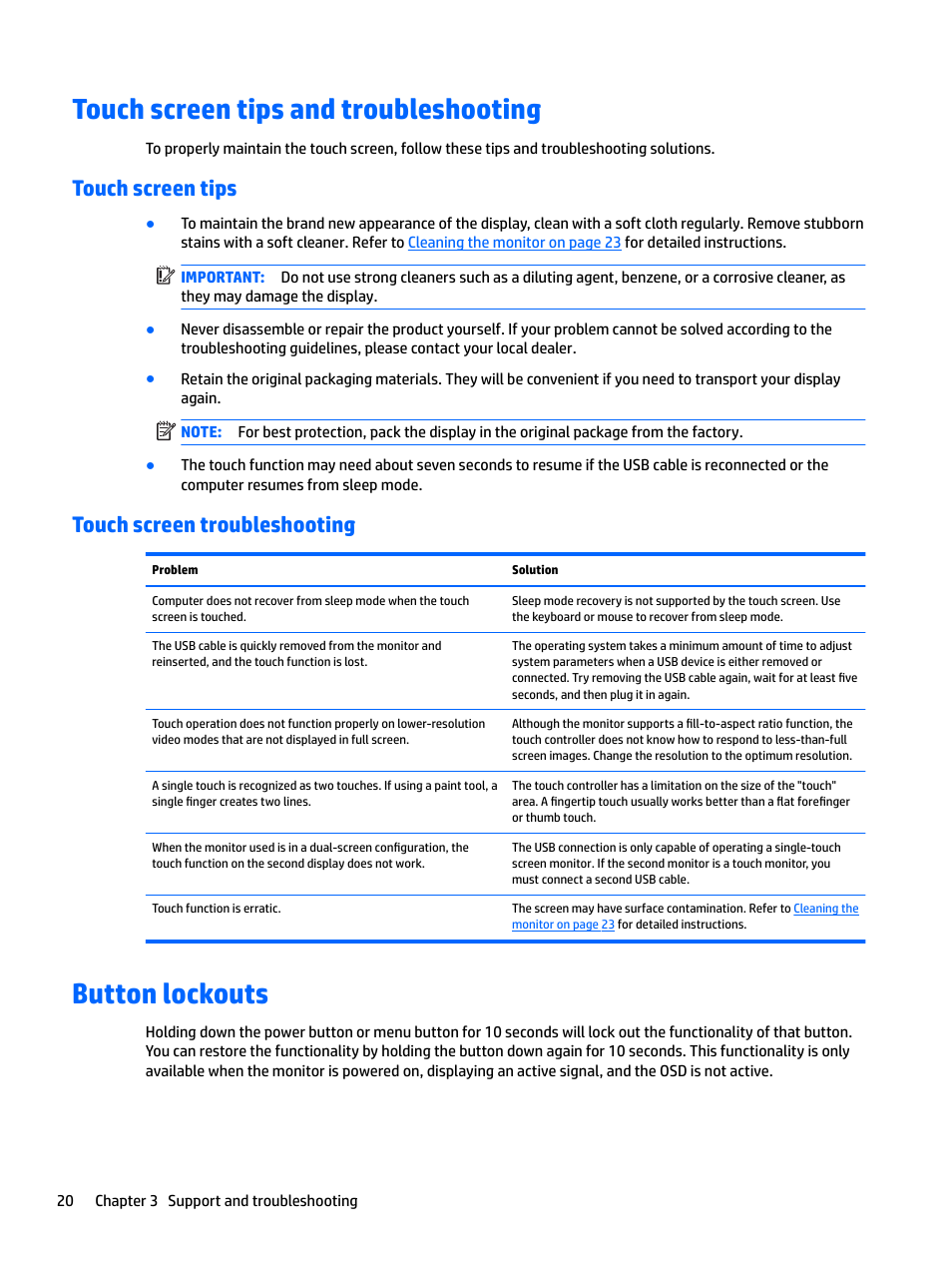 Touch screen tips and troubleshooting, Touch screen tips, Touch screen troubleshooting | Button lockouts, Touch screen tips touch screen troubleshooting | HP L7016t 15.6" Retail Multi-Touch TN Monitor User Manual | Page 26 / 34