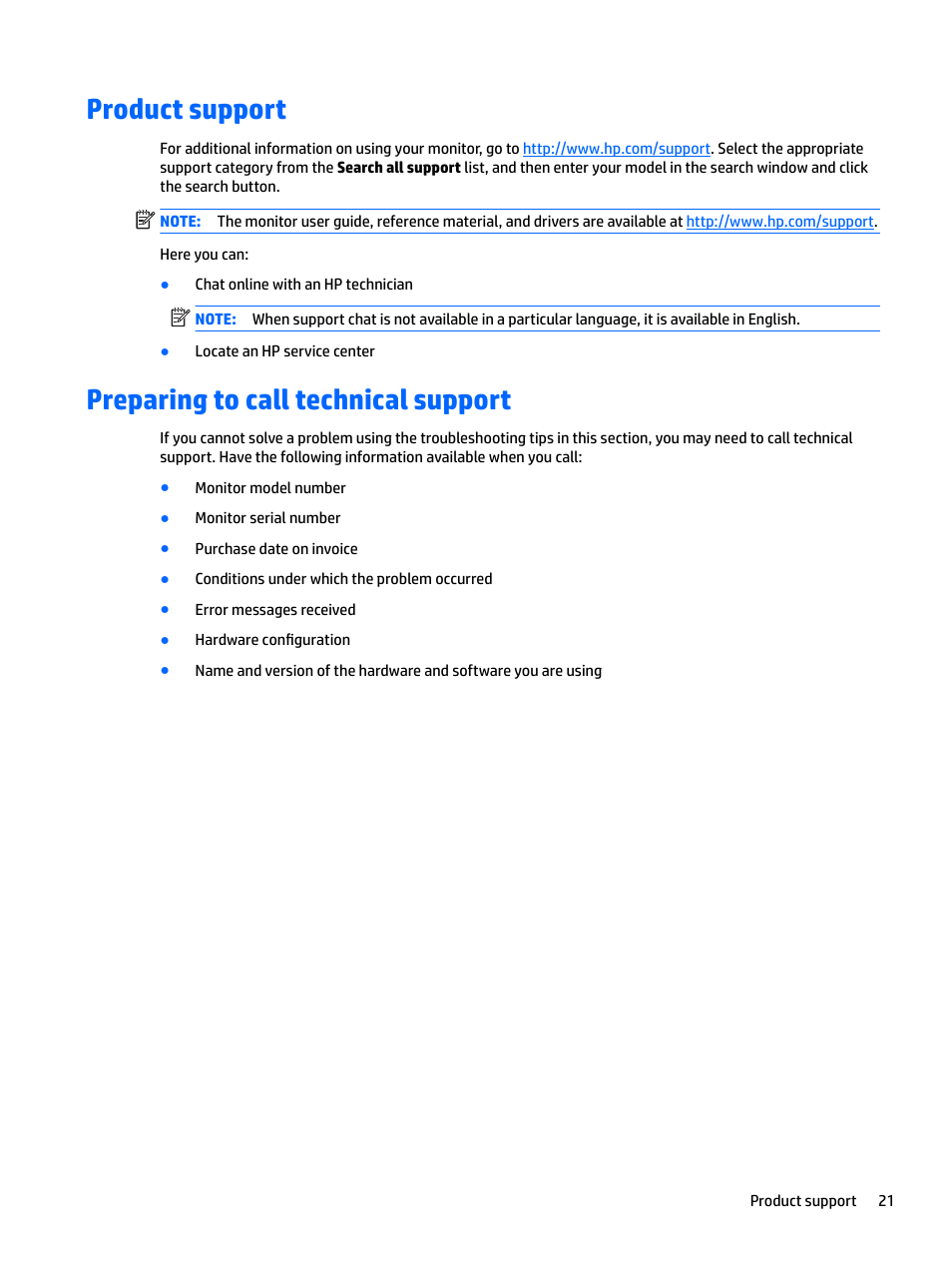 Product support, Preparing to call technical support | HP L7016t 15.6" Retail Multi-Touch TN Monitor User Manual | Page 27 / 34