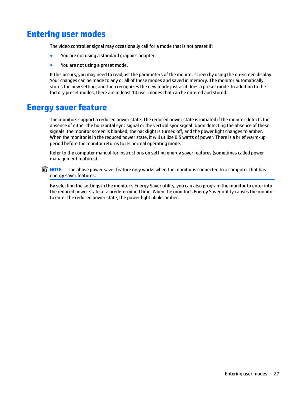 Entering user modes, Energy saver feature, Entering user modes energy saver feature | HP L7016t 15.6" Retail Multi-Touch TN Monitor User Manual | Page 33 / 34