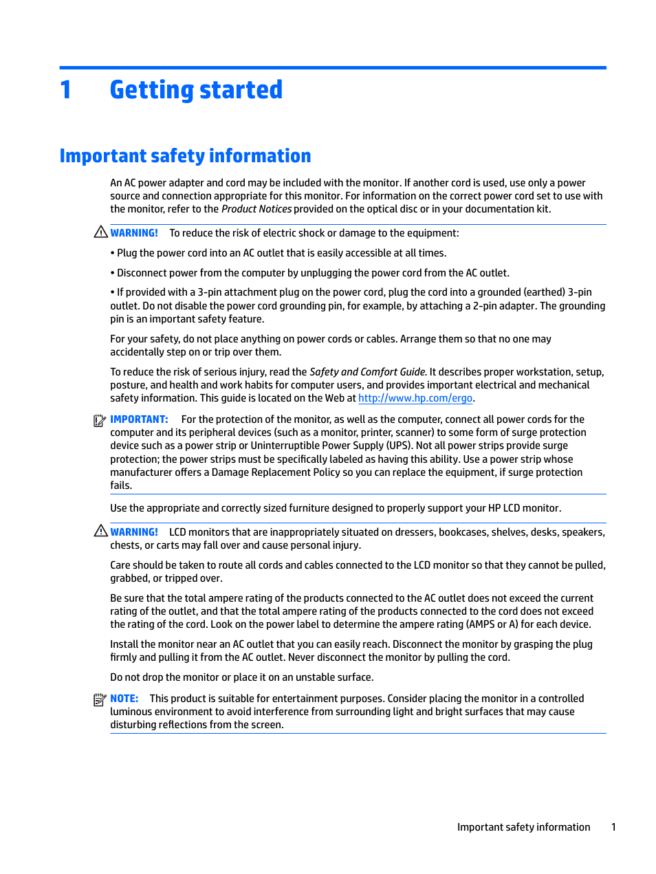 Getting started, Important safety information, 1 getting started | 1getting started | HP L7016t 15.6" Retail Multi-Touch TN Monitor User Manual | Page 7 / 34