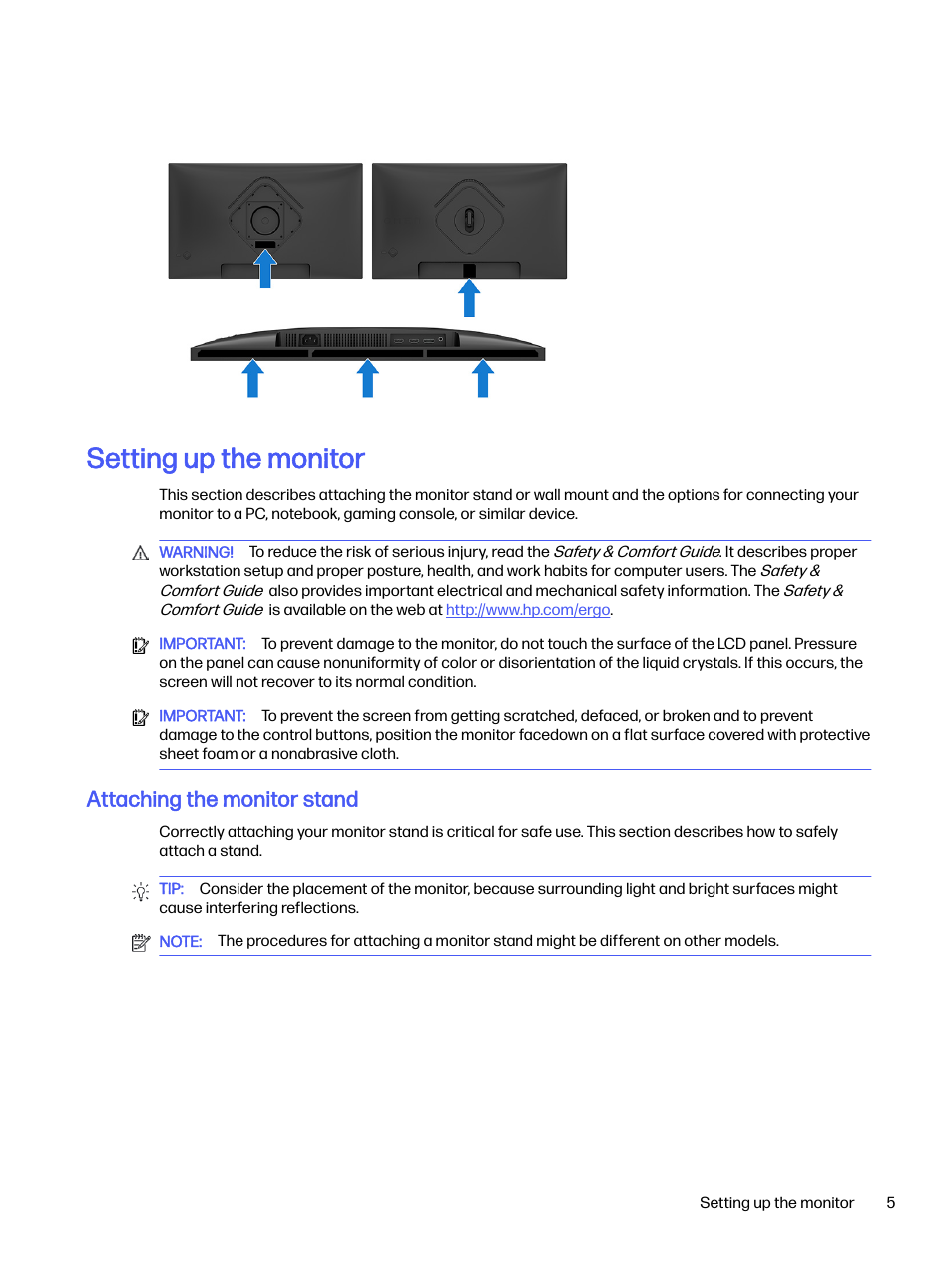 Setting up the monitor, Attaching the monitor stand | HP OMEN 32q 31.5" QHD HDR 165 Hz Gaming Monitor User Manual | Page 10 / 47