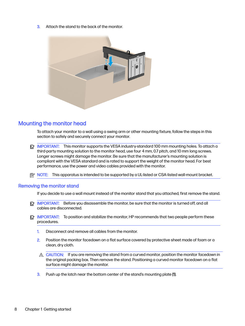 Mounting the monitor head, Removing the monitor stand | HP OMEN 32q 31.5" QHD HDR 165 Hz Gaming Monitor User Manual | Page 13 / 47