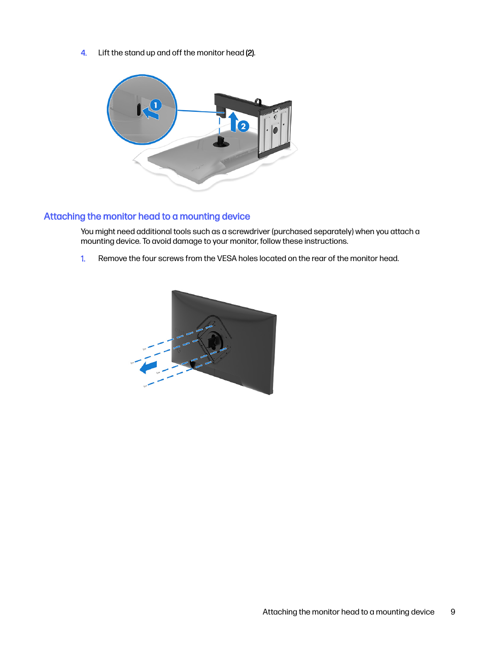 Attaching the monitor head to a mounting device | HP OMEN 32q 31.5" QHD HDR 165 Hz Gaming Monitor User Manual | Page 14 / 47