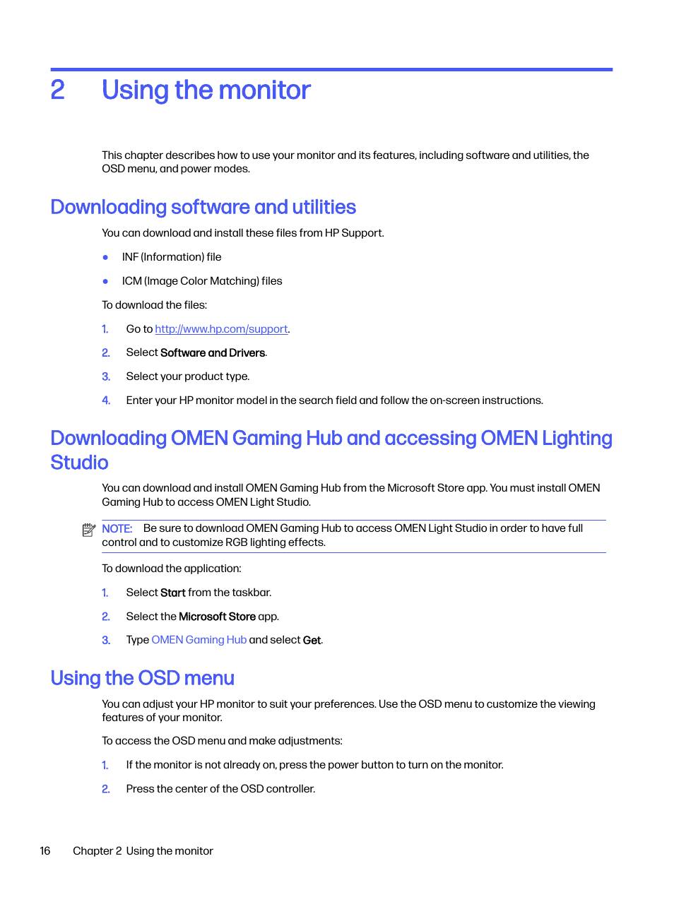 Using the monitor, Downloading software and utilities, Using the osd menu | 2 using the monitor, Using the monitor 2 | HP OMEN 32q 31.5" QHD HDR 165 Hz Gaming Monitor User Manual | Page 21 / 47