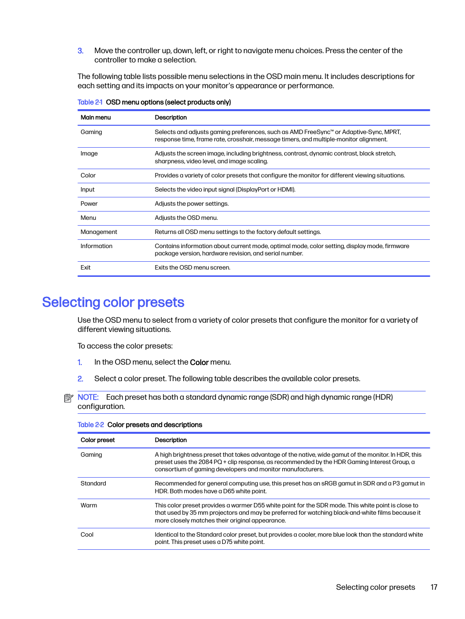 Selecting color presets | HP OMEN 32q 31.5" QHD HDR 165 Hz Gaming Monitor User Manual | Page 22 / 47