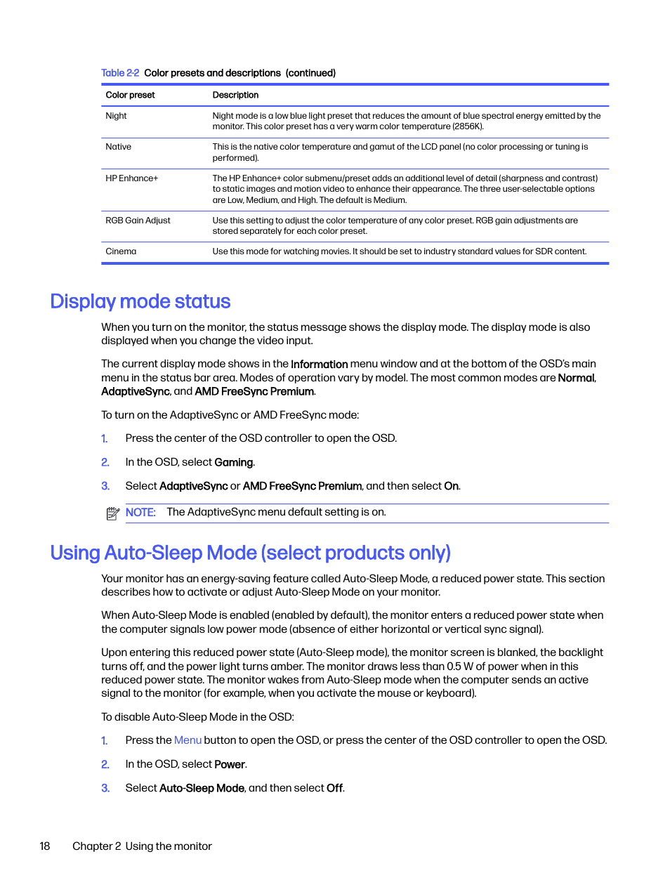 Display mode status, Using auto-sleep mode (select products only) | HP OMEN 32q 31.5" QHD HDR 165 Hz Gaming Monitor User Manual | Page 23 / 47