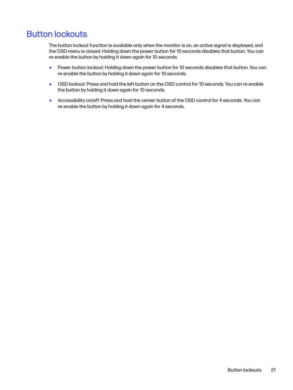Button lockouts | HP OMEN 32q 31.5" QHD HDR 165 Hz Gaming Monitor User Manual | Page 26 / 47