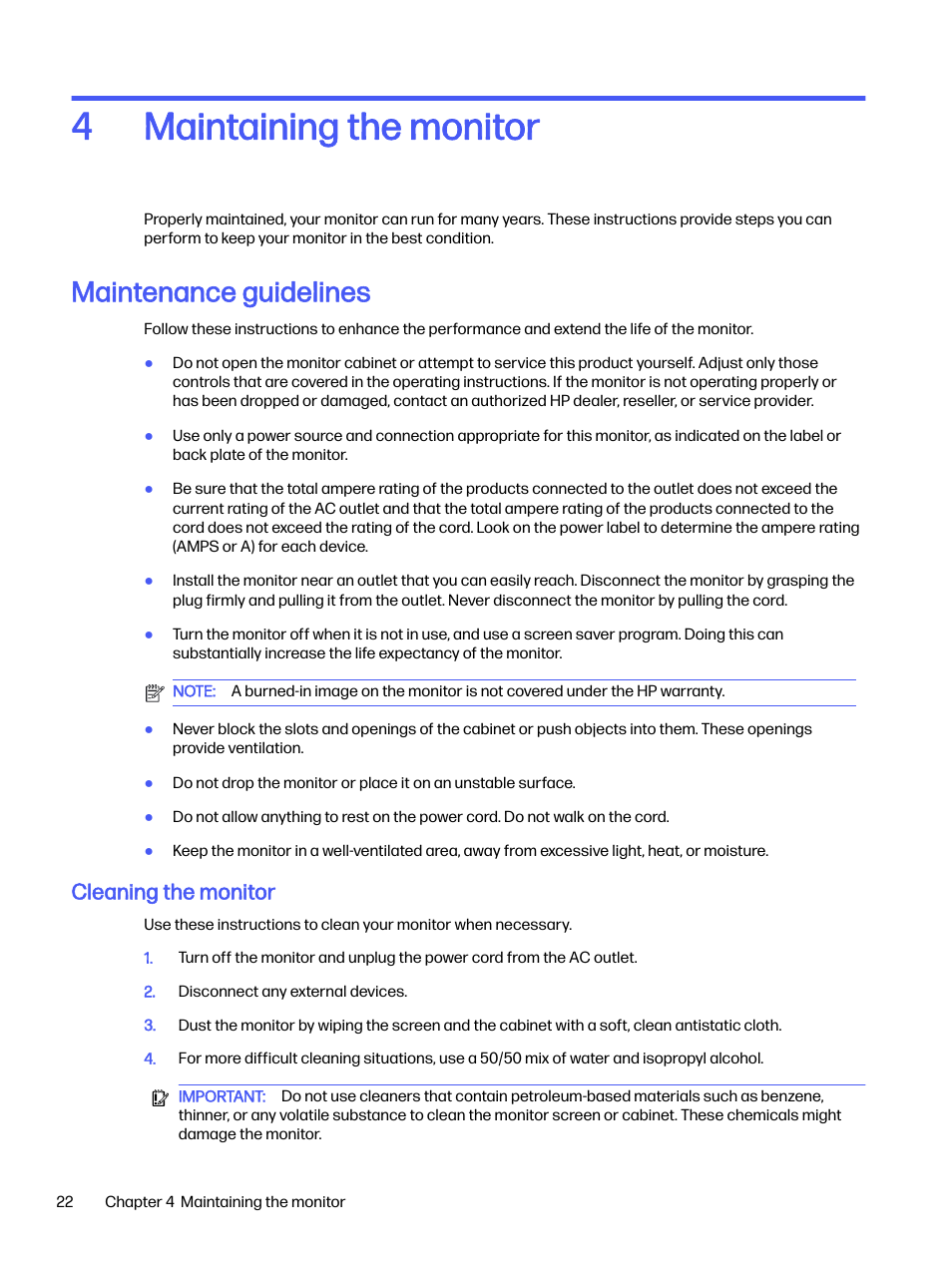 Maintaining the monitor, Maintenance guidelines, Cleaning the monitor | 4 maintaining the monitor, Maintaining the monitor 4 | HP OMEN 32q 31.5" QHD HDR 165 Hz Gaming Monitor User Manual | Page 27 / 47