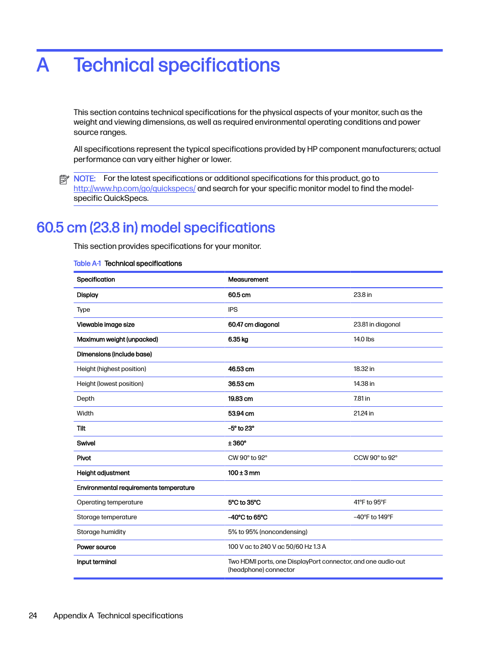 Technical specifications, 5 cm (23.8 in) model specifications, Appendix a technical specifications | Technical specifications a | HP OMEN 32q 31.5" QHD HDR 165 Hz Gaming Monitor User Manual | Page 29 / 47