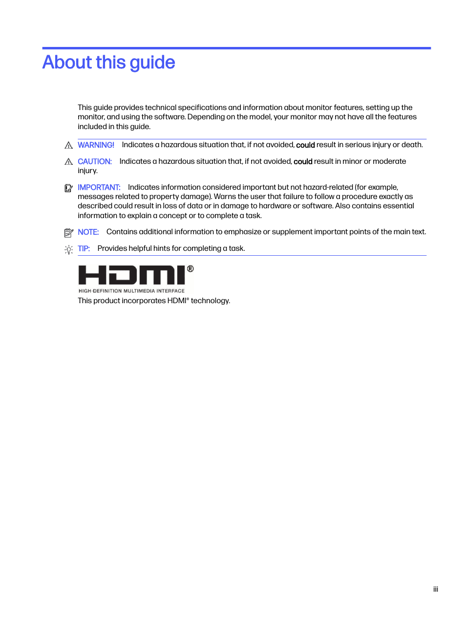 About this guide | HP OMEN 32q 31.5" QHD HDR 165 Hz Gaming Monitor User Manual | Page 3 / 47