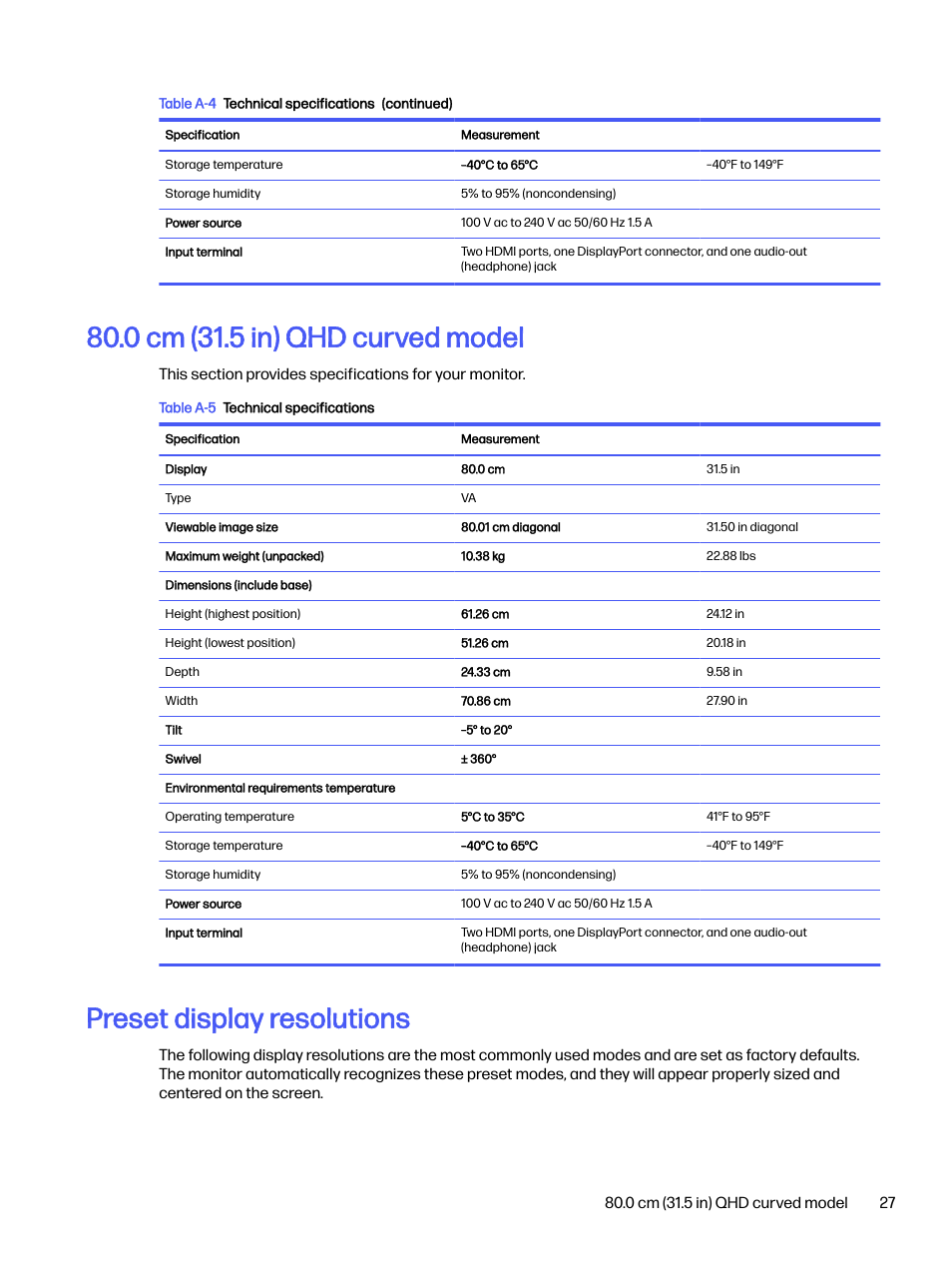 0 cm (31.5 in) qhd curved model, Preset display resolutions, Change the settings to a supported setting (see | Preset | HP OMEN 32q 31.5" QHD HDR 165 Hz Gaming Monitor User Manual | Page 32 / 47