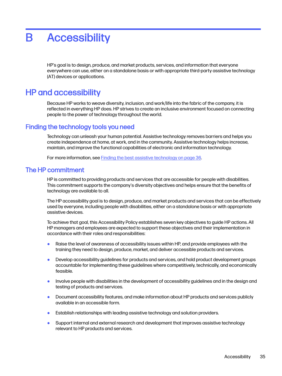 Accessibility, Hp and accessibility, Finding the technology tools you need | The hp commitment, Appendix b accessibility, Accessibility b | HP OMEN 32q 31.5" QHD HDR 165 Hz Gaming Monitor User Manual | Page 40 / 47