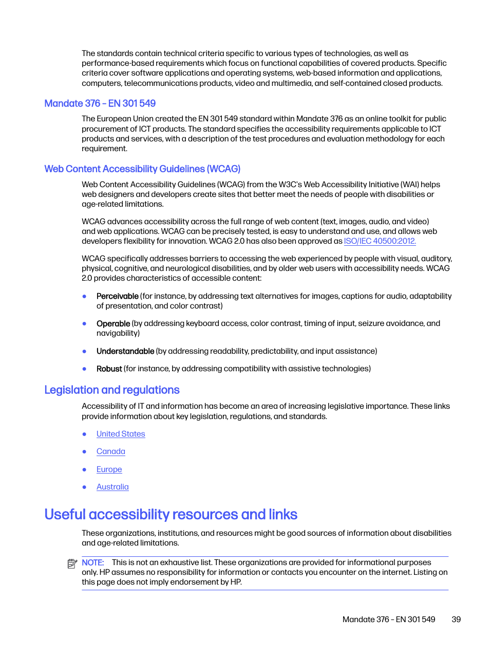 Mandate 376 – en 301 549, Web content accessibility guidelines (wcag), Legislation and regulations | Useful accessibility resources and links | HP OMEN 32q 31.5" QHD HDR 165 Hz Gaming Monitor User Manual | Page 44 / 47