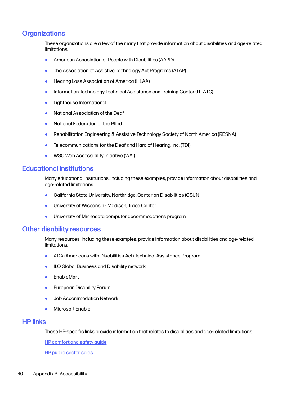 Organizations, Educational institutions, Other disability resources | Hp links | HP OMEN 32q 31.5" QHD HDR 165 Hz Gaming Monitor User Manual | Page 45 / 47