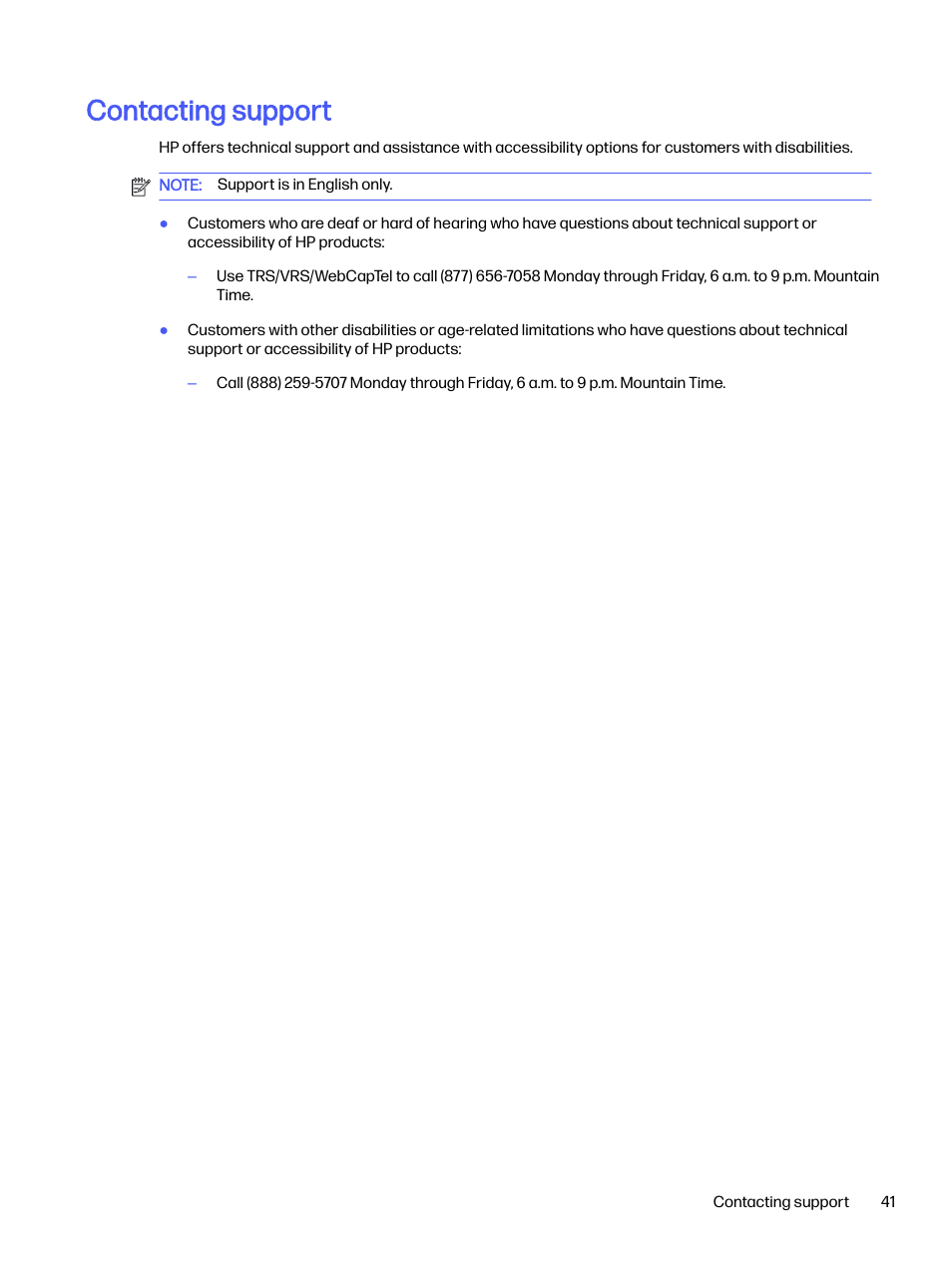 Contacting support, Contacting | HP OMEN 32q 31.5" QHD HDR 165 Hz Gaming Monitor User Manual | Page 46 / 47