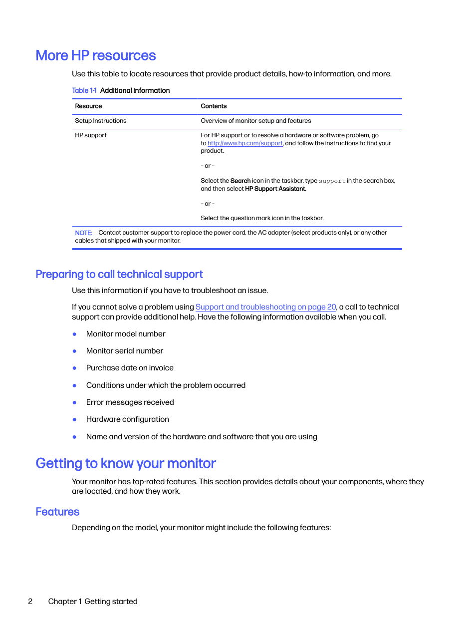 More hp resources, Preparing to call technical support, Getting to know your monitor | Features | HP OMEN 32q 31.5" QHD HDR 165 Hz Gaming Monitor User Manual | Page 7 / 47