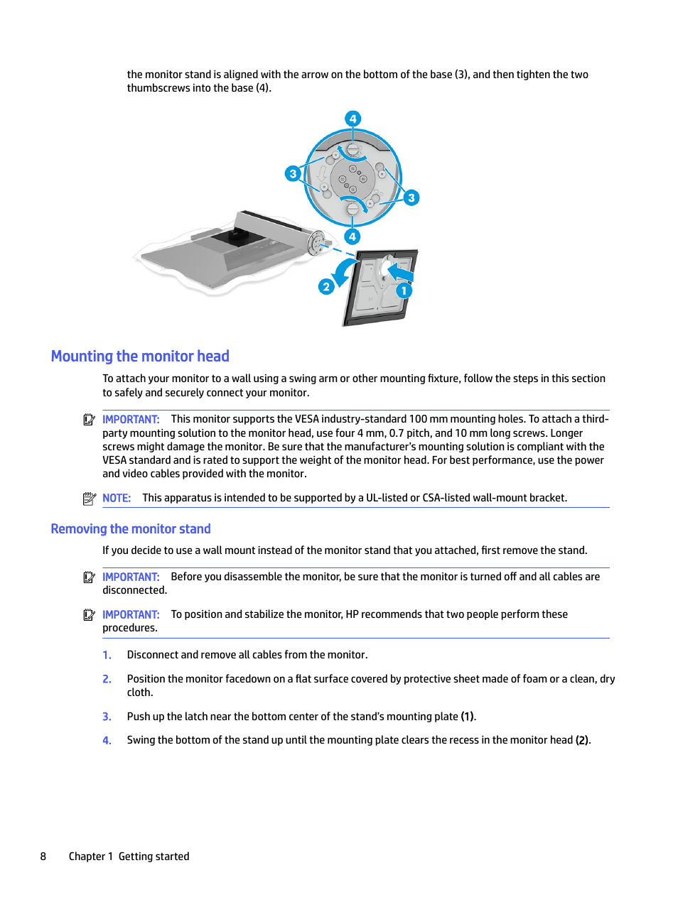 Mounting the monitor head, Removing the monitor stand | HP E24mv 24" 16:9 Conferencing IPS Monitor User Manual | Page 13 / 42