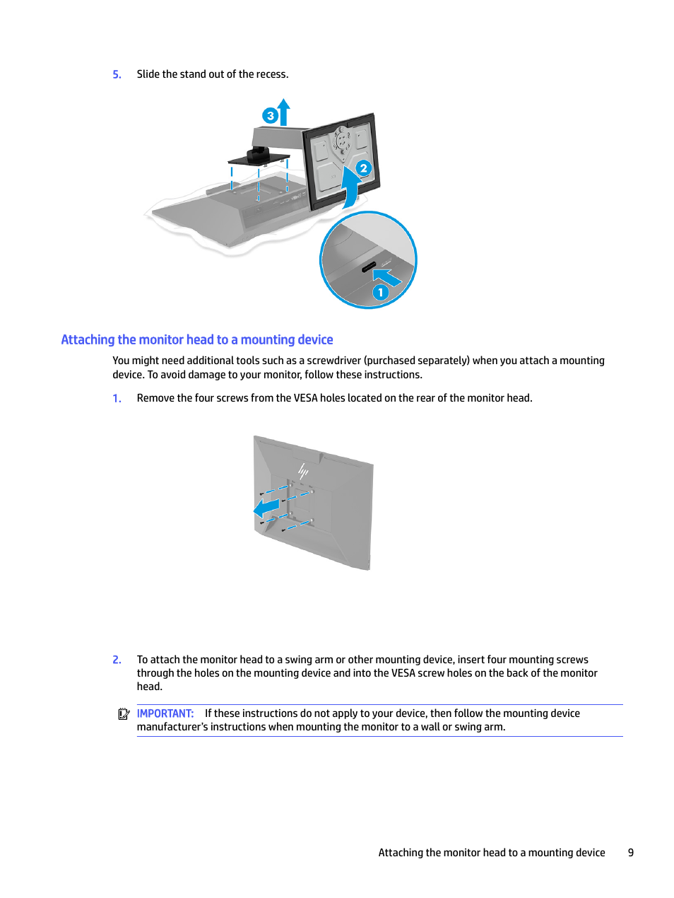 Attaching the monitor head to a mounting device | HP E24mv 24" 16:9 Conferencing IPS Monitor User Manual | Page 14 / 42