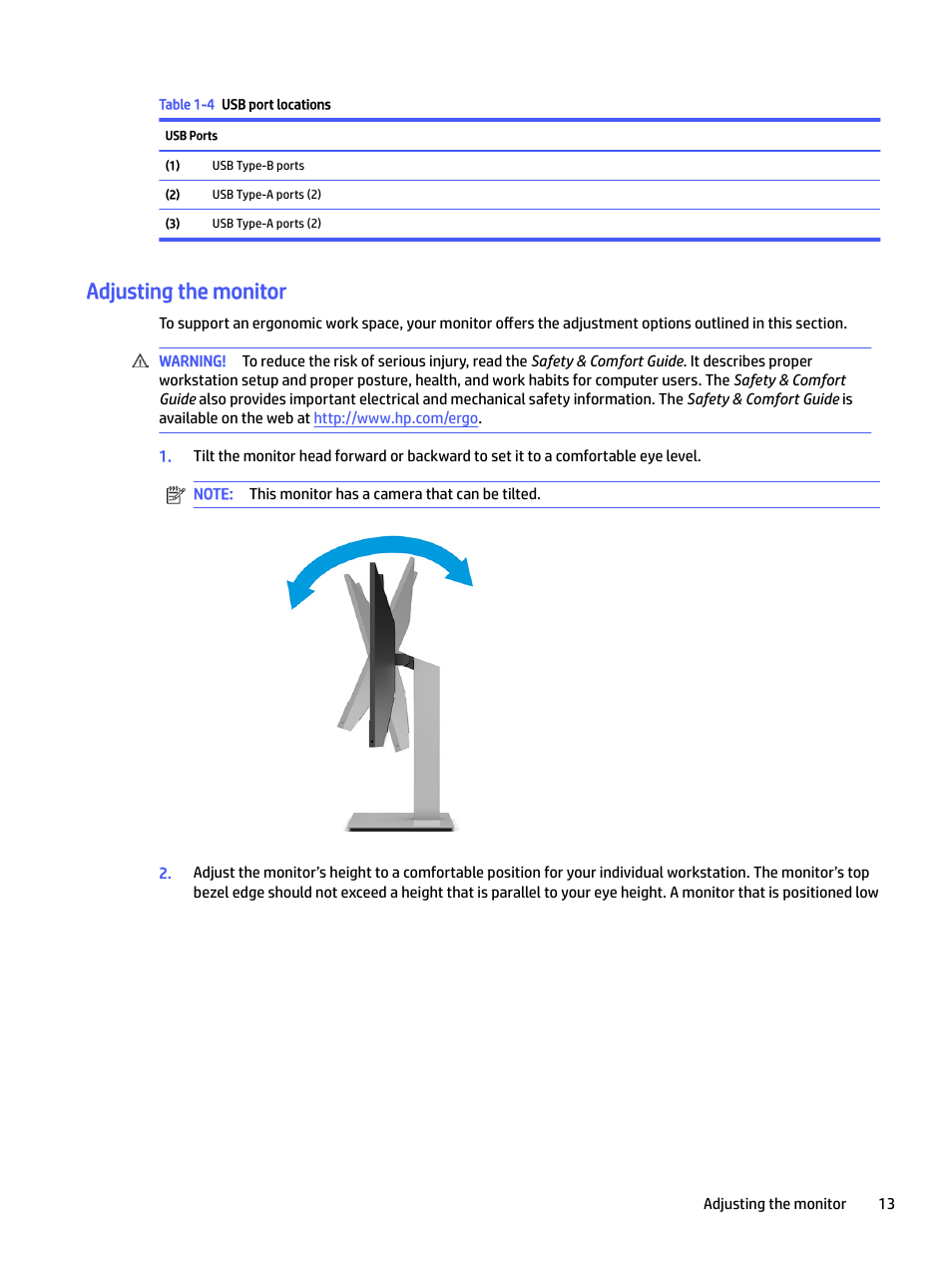 Adjusting the monitor | HP E24mv 24" 16:9 Conferencing IPS Monitor User Manual | Page 18 / 42